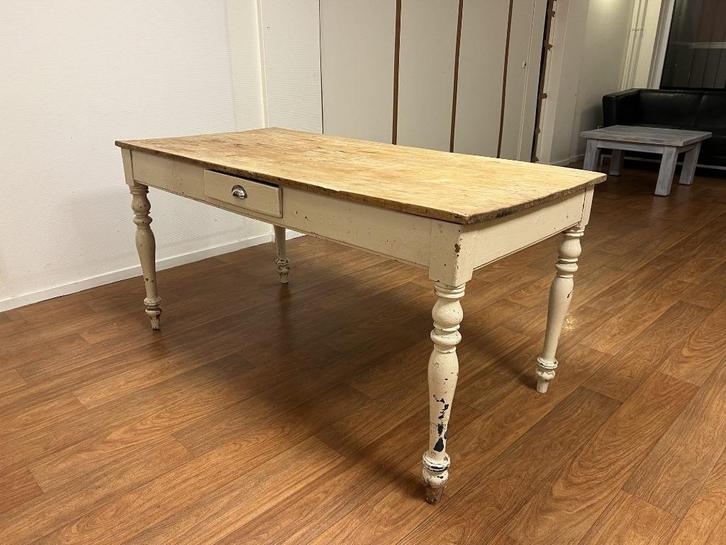 Franse/boerderij-stijl tafel met lade – massief hout, crème, Antiek en Kunst, Antiek | Meubels | Tafels, Ophalen
