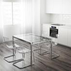Glazen uitschuifbare tafel met chromen onderstel, Huis en Inrichting, Tafels | Eettafels, Ophalen, Gebruikt, 100 tot 150 cm, Glas
