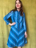 Vintage jurk - blauw - print - jaren 80 - 42 / XL, Blauw, Hgv, Maat 42/44 (L), Ophalen of Verzenden