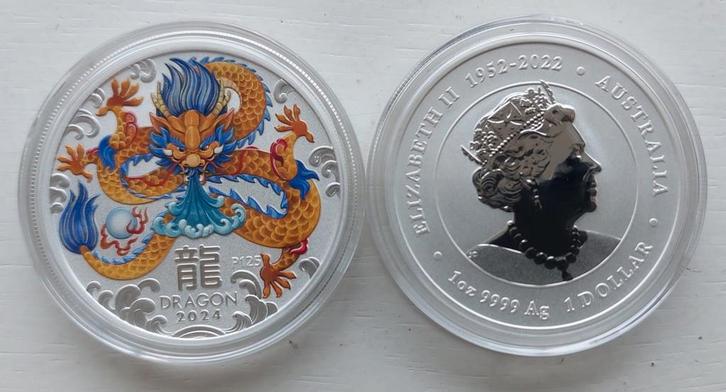 Zilveren 1 oz Lunar 3 Dragon gekleurd 2024, Postzegels en Munten, Munten | Oceanië, Losse munt, Zilver, Ophalen of Verzenden