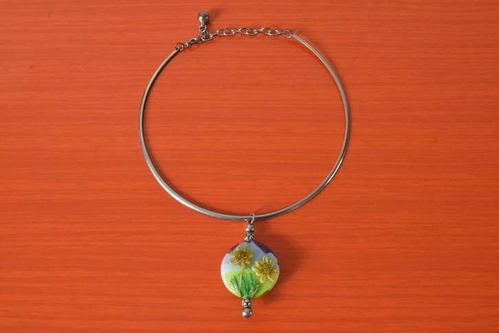 Retro vintage halsketting / glazen hanger aan spang, Sieraden, Tassen en Uiterlijk, Kettingen, Zo goed als nieuw, Overige materialen