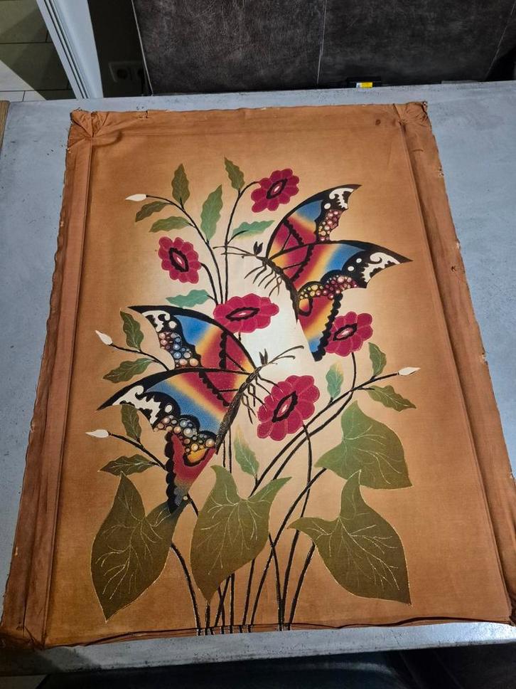 Batik Schilderij: Vlinders & Bloemen, Antiek en Kunst, Antiek | Kleden en Textiel, Ophalen of Verzenden