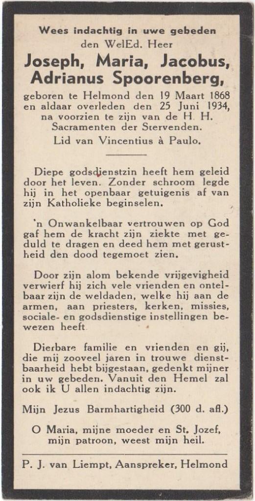 Joseph M.J. Spoorenberg 1868 Helmond + 1934 Helmond, 66 jr, Verzenden