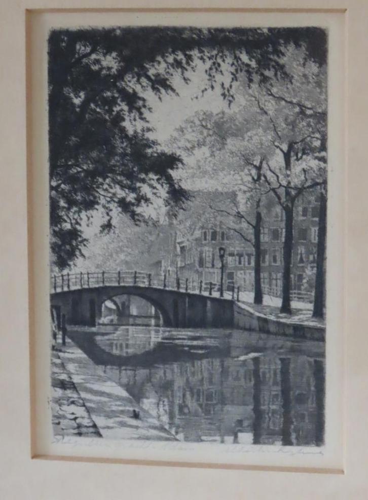 Antieke ets, Reguliersgracht A´dam, M. Langbroek, 1918-1985, Antiek en Kunst, Kunst | Etsen en Gravures, Verzenden