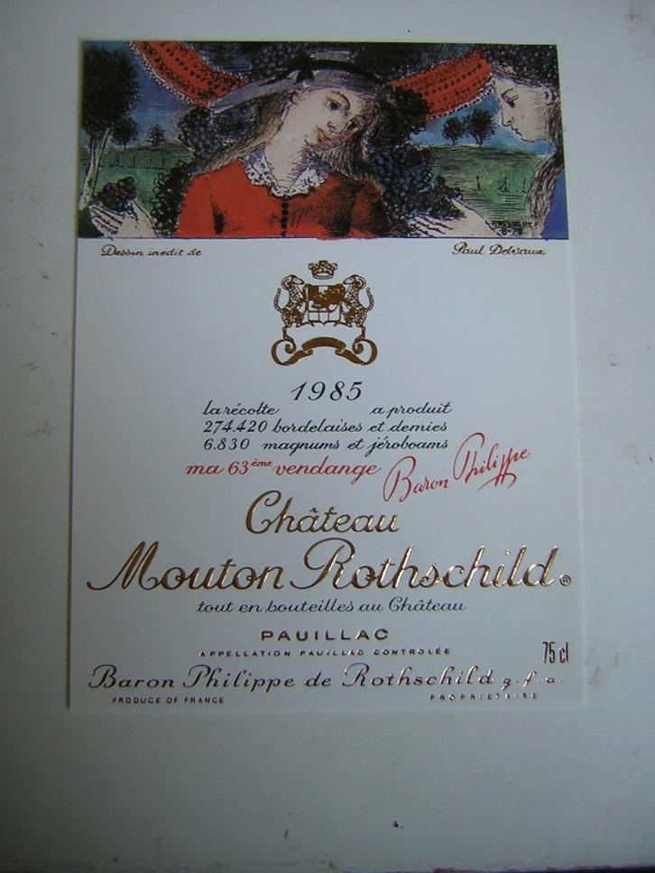 Origineel Chateau Mouton Rothschild Wijn Etiket 1985, Verzamelen, Wijnen, Nieuw, Rode wijn, Frankrijk, Ophalen of Verzenden