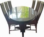 Elegante ovale eettafel met gehard glazen blad, 6 stoelen, 100 tot 150 cm, Traditional, 200 cm of meer, Ophalen of Verzenden
