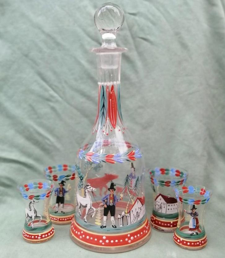 Antieke jeneverfles met 4 glaasjes - Emaille beschilderd, Antiek en Kunst, Antiek | Glas en Kristal, Ophalen of Verzenden