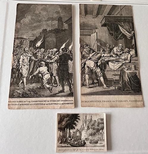 Antieke gravures Gebeurtenissen in Utrecht en Delft, Antiek en Kunst, Kunst | Etsen en Gravures, Ophalen of Verzenden