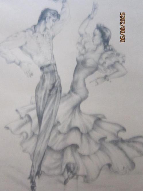 Erg mooie gesigneerde tekening van een Dansend paar in lijst, Antiek en Kunst, Kunst | Tekeningen en Foto's, Ophalen of Verzenden