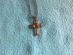 Zilverkleurig kruis met blauwe steen aan bolletjesketting, Sieraden, Tassen en Uiterlijk, Ophalen of Verzenden, Zo goed als nieuw