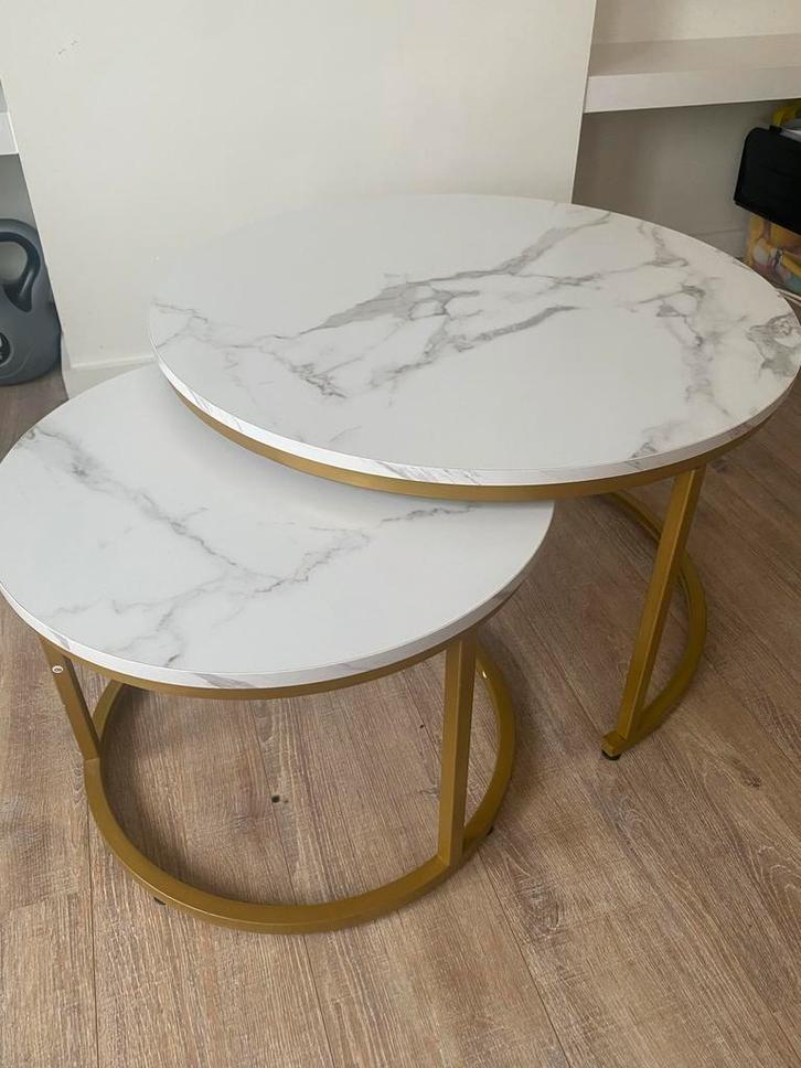 Salontafel Set Wit Marmerlook & Goud, Huis en Inrichting, Tafels | Salontafels, Nieuw, Minder dan 50 cm, 50 tot 100 cm, Rond, Metaal
