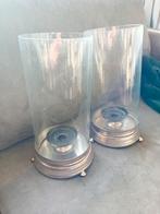 Glazen windlichten met zilveren voet, Ophalen, 25 tot 50 cm, Wit, Zo goed als nieuw