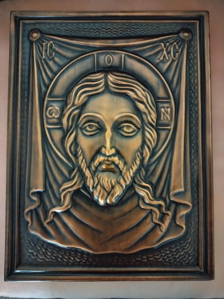 Vintage Russische metalen koperkleurig icoon van Jezus, Verzamelen, Religie, Zo goed als nieuw, Christendom | Katholiek, Beeld(je)