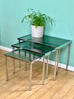 Midcentury Mimiset / Vintage Chroom Bijzettafels Rookglas, Huis en Inrichting, Minder dan 55 cm, Gebruikt, Glas, Rechthoekig