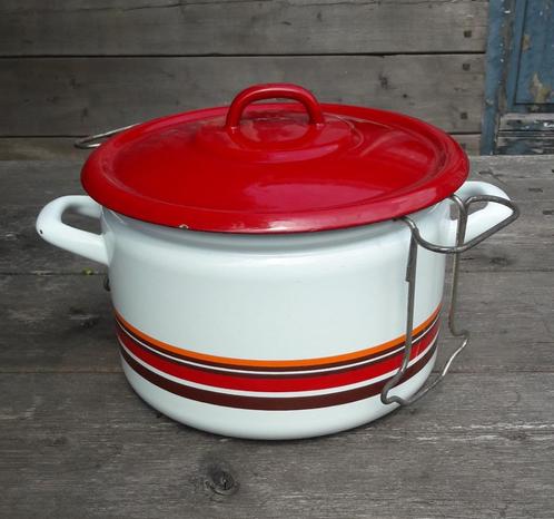 Vintage Emaille Frituurpan met mandje + deksel niet gebruikt, Huis en Inrichting, Keuken | Potten en Pannen, Zo goed als nieuw