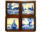 4 Delftsblauwe tegeltjes huisjes molens bootjes gesign. MH, Antiek en Kunst, Antiek | Wandborden en Tegels, Ophalen of Verzenden