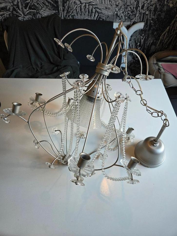 Grote Kroonluchter Ikea Kristaller 6-arms, Huis en Inrichting, Lampen | Kroonluchters, Gebruikt, Glas, Metaal, Ophalen