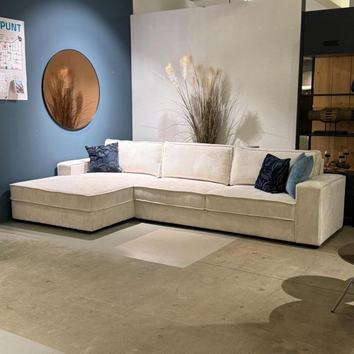Grote Rib beige hoekbank stof met chaise lounge, Huis en Inrichting, Banken | Complete zithoeken, Gebruikt, Stof, Ophalen
