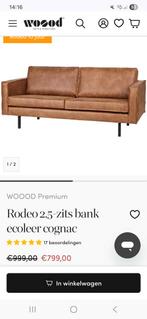 Cognac ecoleer bank met poef - Woood Rodeo, Huis en Inrichting, Banken | Bankstellen, Gebruikt, 150 tot 200 cm, Driepersoons, 75 tot 100 cm