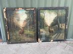 Twee schilderijen met herten in boslandschap, Antiek en Kunst, Ophalen
