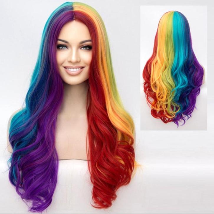 Luxe Carnaval Regenboog pruik lang haar met slagen, Sieraden, Tassen en Uiterlijk, Uiterlijk | Haarverzorging, Nieuw, Pruik of Haarverlenging