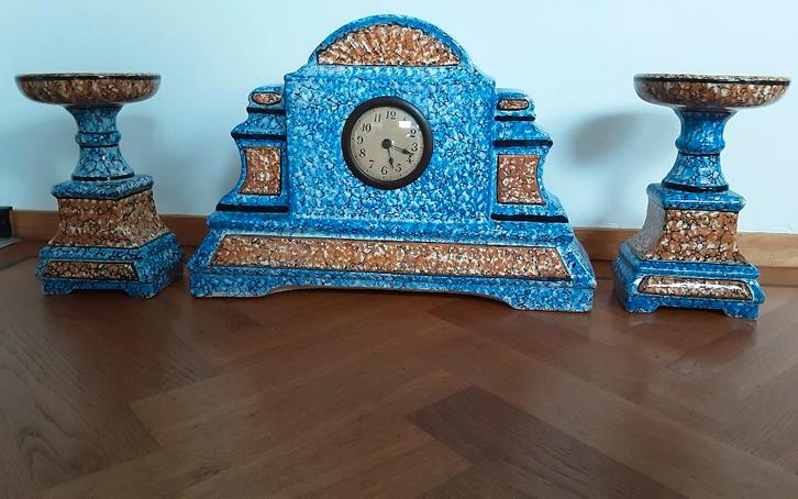 Faience Art Deco klokkenset blauw-oranje, Antiek en Kunst, Antiek | Klokken, Ophalen of Verzenden