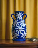Antiek retro vintage vaas blauw bloemen cobalt funky object, Antiek en Kunst, Ophalen