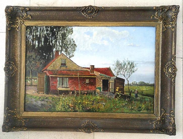 Zonnig boerenerf met boerin ca. 1930 - Cees Jocker 1879-1969, Antiek en Kunst, Kunst | Schilderijen | Klassiek, Ophalen of Verzenden