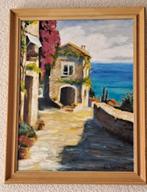 "Mediterraan zeestadjezicht"- ingelijst olieverfschilderij, Ophalen of Verzenden
