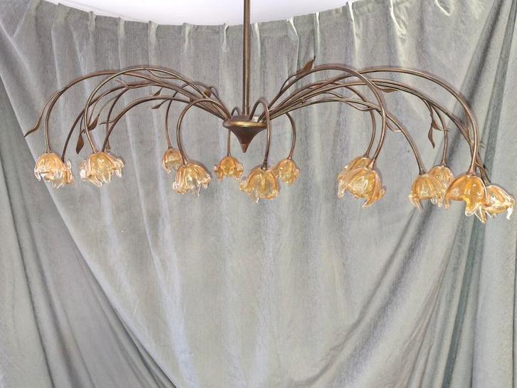 Decoratieve Messing/Koperen Roosjes Hanglamp, Huis en Inrichting, Lampen | Hanglampen, Gebruikt, 75 cm of meer, Glas, Metaal, Ophalen