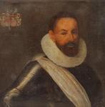 Portret van een heer (17e eeuw) op doek met familiewapen., Antiek en Kunst, Ophalen of Verzenden