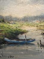 Hollands Landschap met Visbootje Doe een aardig bod !!!!, Ophalen of Verzenden