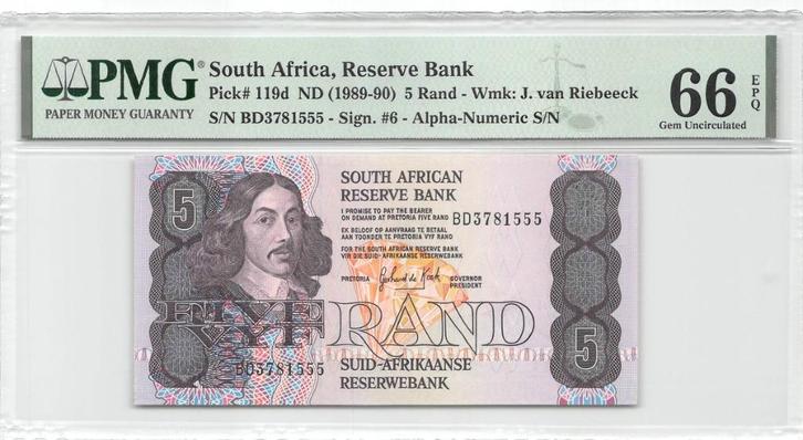 South Africa 5 Rand 1989-1990 Unc PMG 66 EPQ, Postzegels en Munten, Bankbiljetten | Afrika, Los biljet, Zuid-Afrika, Ophalen of Verzenden