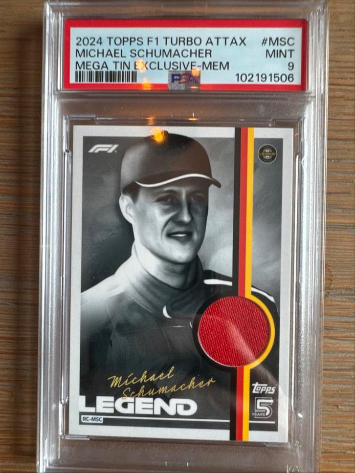 Schumacher Relic Patch Topps 2024 PSA 9, Verzamelen, Sportartikelen en Voetbal, Zo goed als nieuw, Spelerskaart, Overige sporten