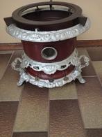 Donkerbruin emaille 3pits petroleumstel met gietijzeren rand, Antiek en Kunst, Ophalen of Verzenden