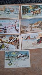 7 Oude kerstkaarten sneeuw hert postkoets haas vogels, Ophalen of Verzenden, 1940 tot 1960, Gelopen, Feest(dag)