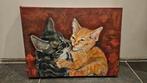 Olieverfschilderij: Twee Katten - 40x30cm, Antiek en Kunst, Kunst | Schilderijen | Klassiek, Ophalen of Verzenden