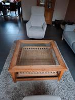 Teak Houten salontafel met glazen blad, Ophalen, Gebruikt, 50 tot 100 cm, Glas