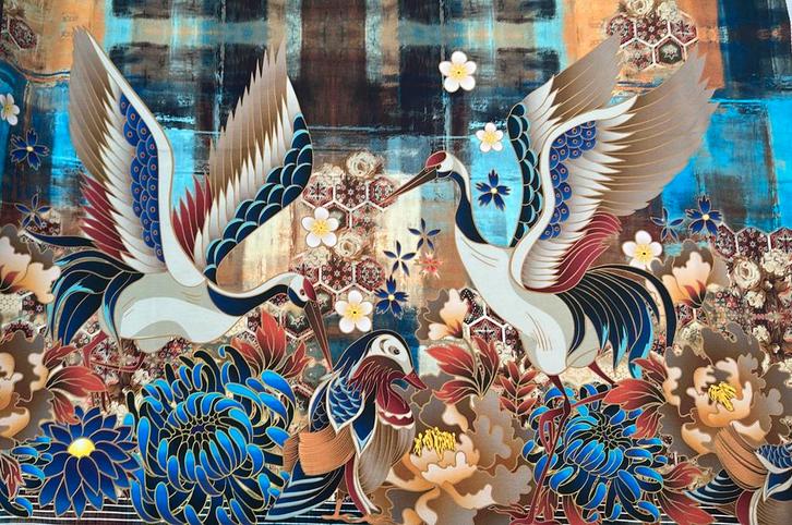 Kraanvogel paneel deel french terry voor en achterkant, Hobby en Vrije tijd, Stoffen en Lappen, Nieuw, Katoen, 120 cm of meer