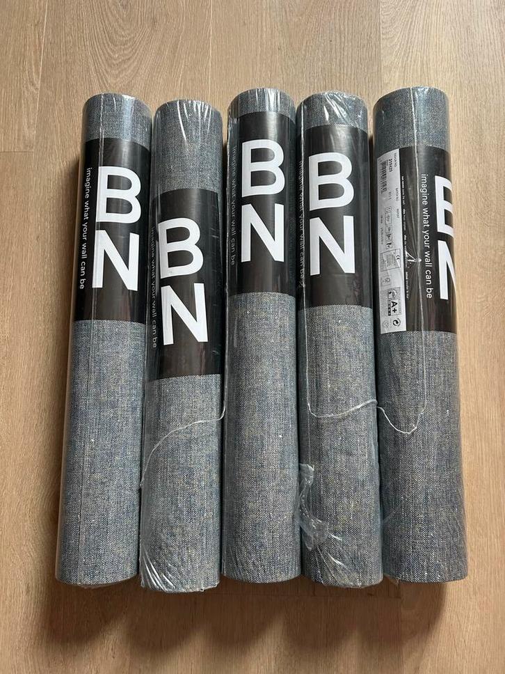 5 rollen BN Wallcoverings Grounded Linen behang, Huis en Inrichting, Stoffering | Behang, Blauw, Grijs, 25 tot 50 m², Ophalen of Verzenden