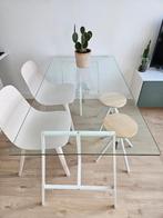 Glazen eettafel met witte schragen, Ophalen, Gebruikt, 50 tot 100 cm, Glas