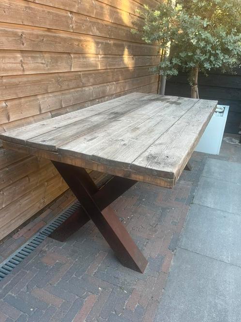 Steiger houten tafel met stalen poten, Tuin en Terras, Tuintafels, Gebruikt, Rechthoekig, Hout, Ophalen