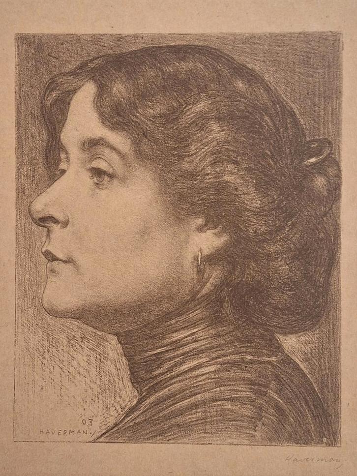 Litho van Haverman, portret van een vrouw, Antiek en Kunst, Kunst | Etsen en Gravures, Ophalen of Verzenden