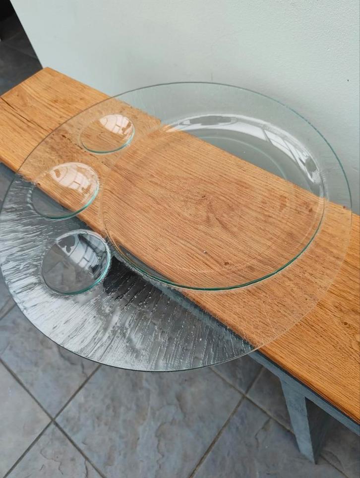 Glazen snack schaal met sauskommetjes, Huis en Inrichting, Woonaccessoires | Schalen en Manden, Zo goed als nieuw, Schaal, Rond