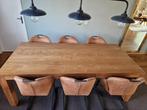 Keurig nette Teak Houten eetkamertafel met 6 velours stoelen, Ophalen, Gebruikt, Ezellig modern, 6 tot 8 stoelen