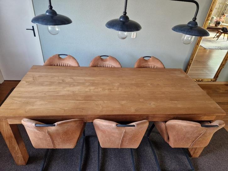 Keurig nette Teak Houten eetkamertafel met 6 velours stoelen, Huis en Inrichting, Complete eetkamers, Gebruikt, 6 tot 8 stoelen
