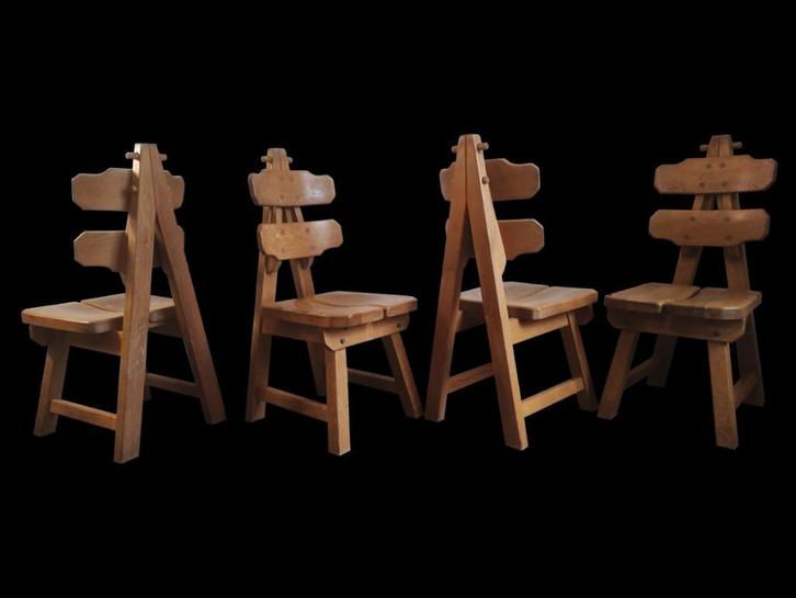 Waanzinnige vintage brutalist design stoelen Frankrijk, Huis en Inrichting, Stoelen, Gebruikt, Twee, Hout, Ophalen