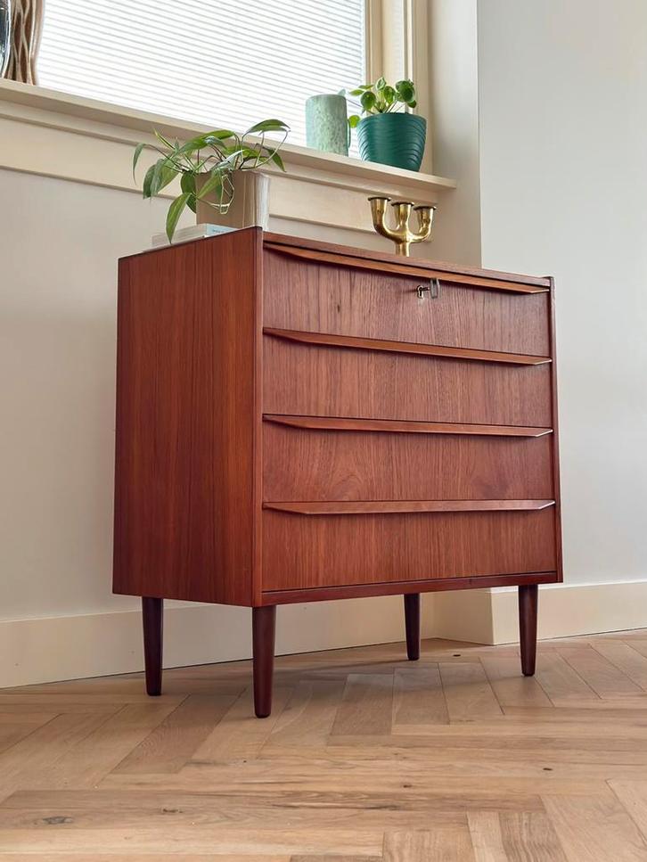 Vintage ladekast teak jout karen 50/60 Deens Scandinavisch, Huis en Inrichting, Kasten | Ladekasten, Zo goed als nieuw, Minder dan 100 cm