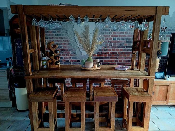 Eettafel incl. 8 krukken Teak, Huis en Inrichting, Tafels | Eettafels, Zo goed als nieuw, 50 tot 100 cm, 200 cm of meer, Vijf personen of meer