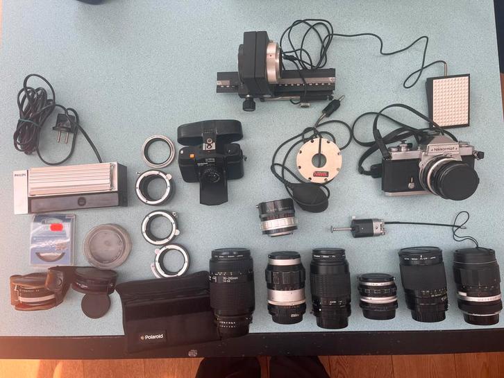 Nikkormat analoge camera met diverse (voorzet) lenzen, Audio, Tv en Foto, Fotocamera's Analoog, Gebruikt, Spiegelreflex, Nikon